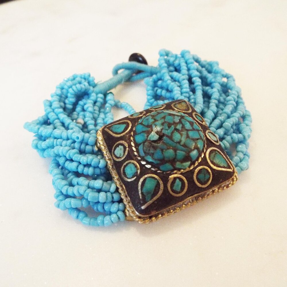TURQUOISE MOSAIC STONE BRASS INLAID-TURQUOISE GLASS BEAD MULTI STD BRACELET B